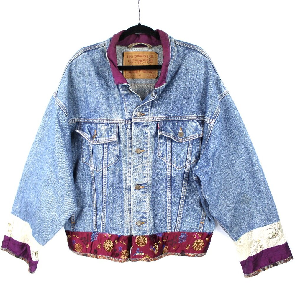 Levi’s Vintage Jean Jacket Asian Patchwork Silk Trim Size XL Bella Dahl Bohemian